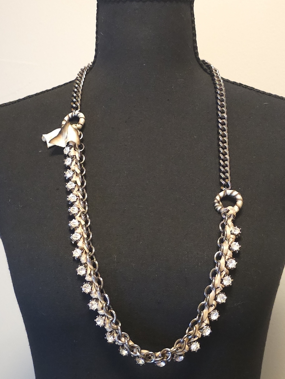 J.Crew Gunmetal Tone Chunky Chain Taupe-colored Ribbon Long Necklace - Picture 2 of 8